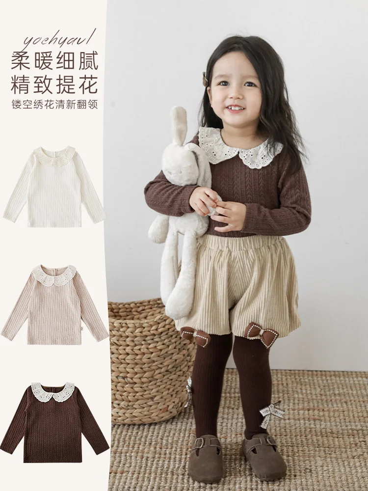 

Girls' T-shirt Long Sleeved Spring Autumn Lace Lapel Vintage Solid Color Versatile Children's Top