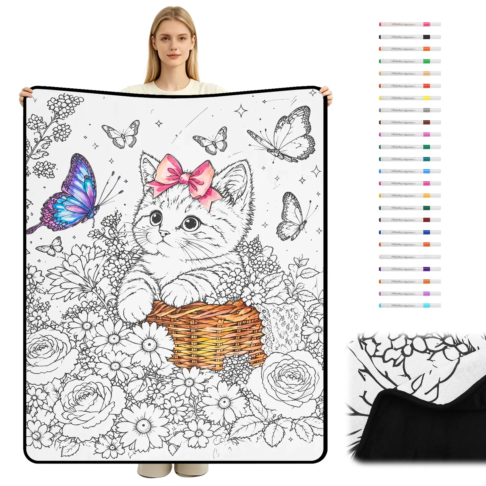 DIY Coloring Blanket with 24 Colored Markers Soft Skin Friendly Creative Blanket Stress Relief Unique Paint art Decor Gift