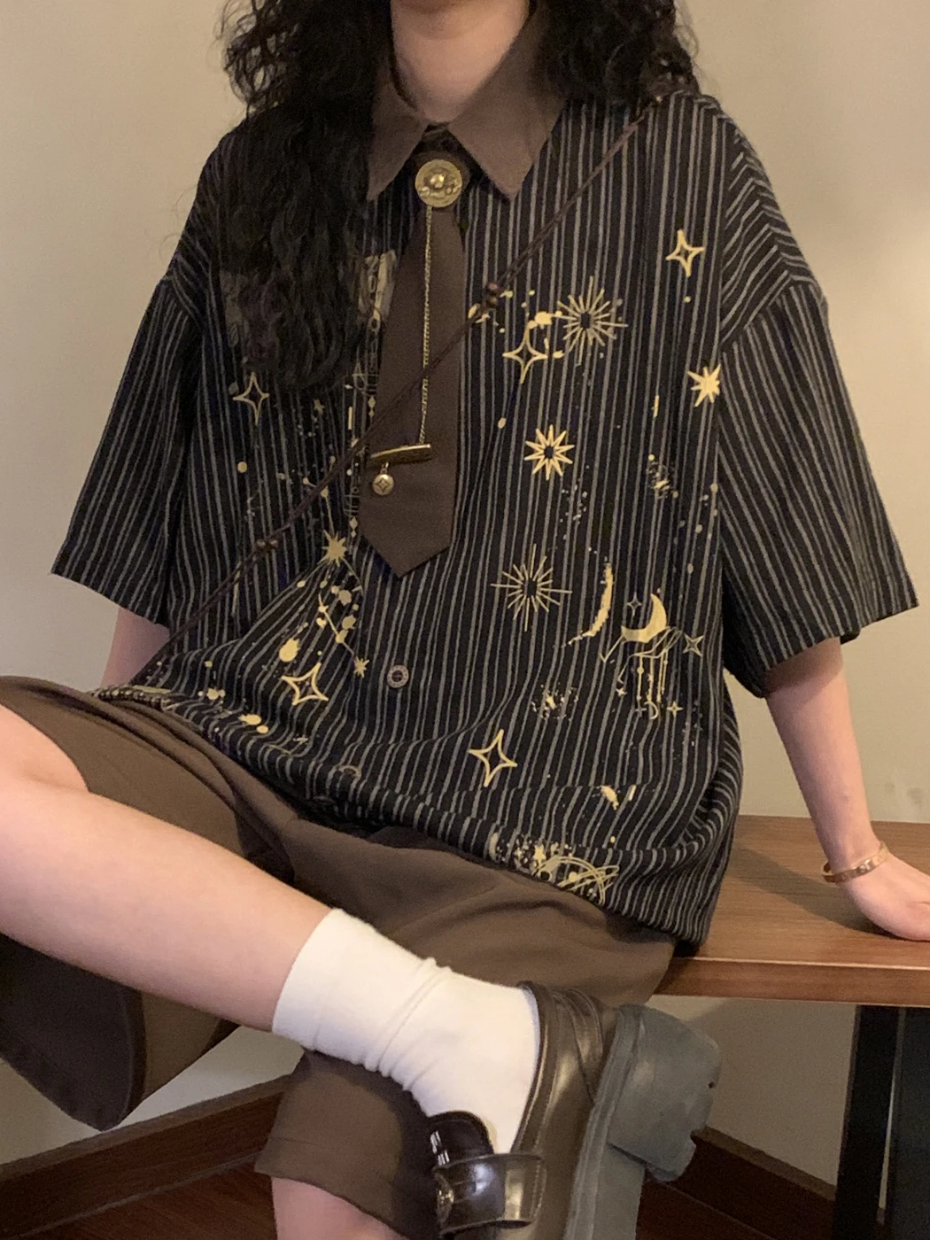 

NAGA Summer American Retro College Sle Loose Casual Striped Star Print ort Sve Women's irt Street Sle Collar