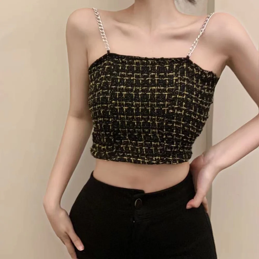 

Grid Embroidery Plaid Camisole Beachwear Franch Style Chain Shoulder Strap Tank Tops Women's Crop Tops Streetwear