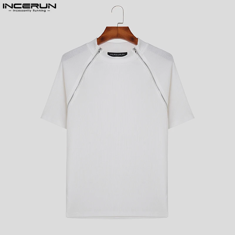 INCERUN 2023 Men T Shirt Solid Color Zipper Knitted O-neck Short Sleeve Men Clothing Streetwear Fitness Casual Tee Tops S-5XL