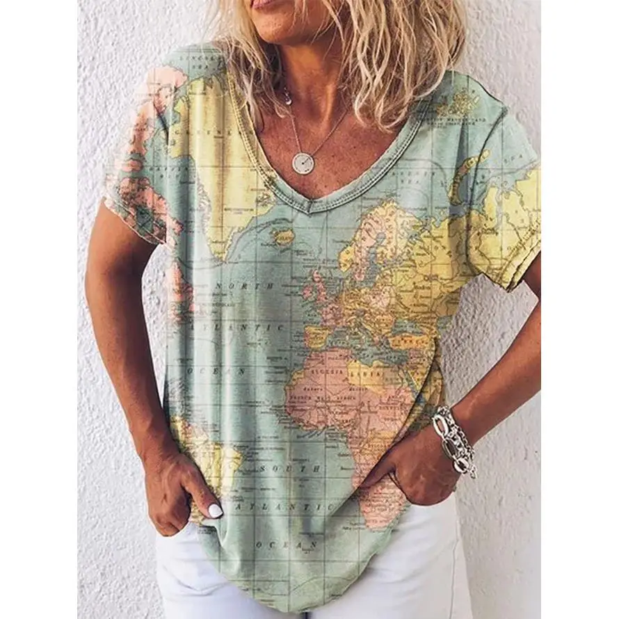 تي شيرت نسائي بياقة مطبوعة على شكل خريطة ort Sve تي شيرت فضفاض مناسب من مزيج البوليستر مريح قاعدة علوية أوروبية Sle Summer Faion #2