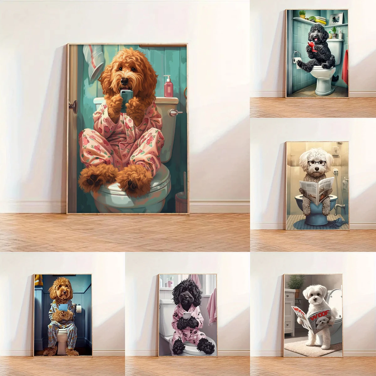 Nordic Golden Teddy & Maltese Dog Playing with Mobile Phone Canvas Prints Animal Wall Art Posters for Toilets Home Decor Cuad