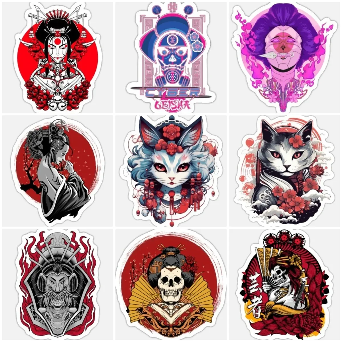 

Geisha Skull Cat Machinery Cyberpunk Creative Sticker Laptop Window Motorcycle Truck Car Bicycle Van Wall PVC Decal Customizable