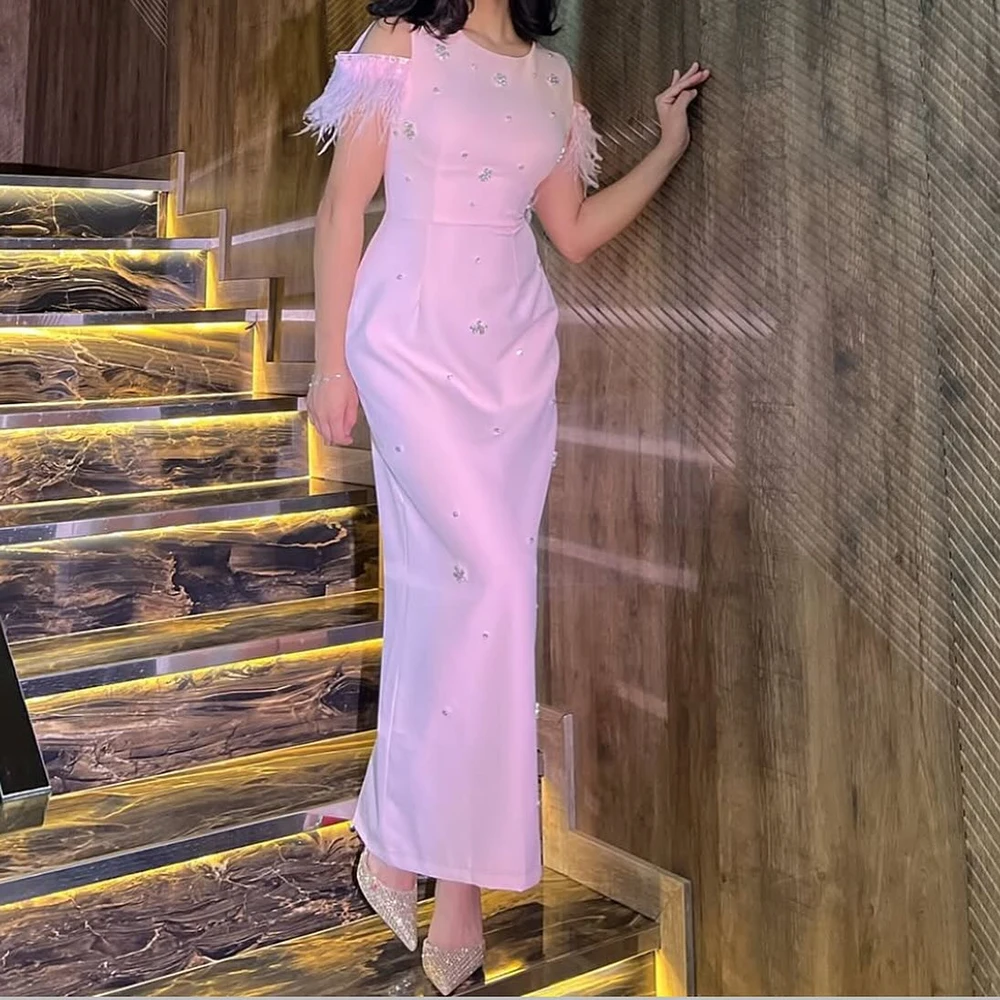 

Customized Straight Evening Dresses Ankle-length O-neck Sleeveless Prom Gown Fashion Feathers Crystal Exquisite Party Gown