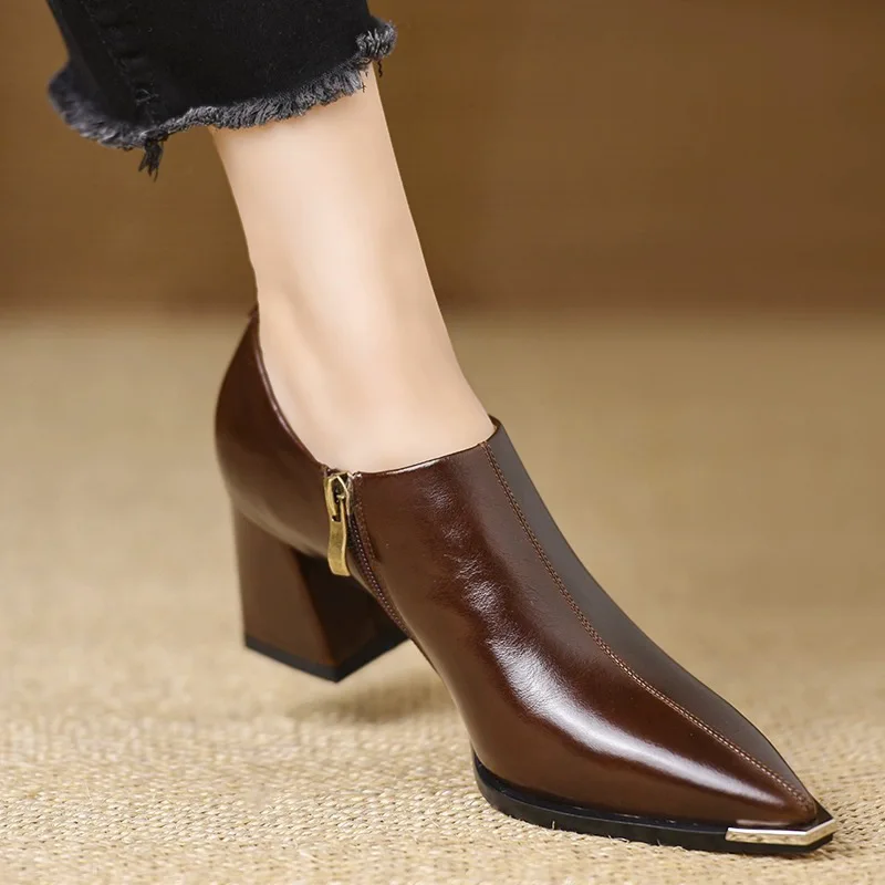 

Comfortable Fashionable Side Zipper British Style Retro Shoes Pointed Toe Deep Mouth Thick Heel Single Shoes Not Tired Feet