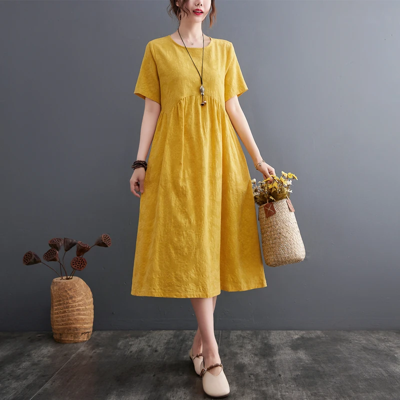 Summer New Korean Style Artistic Short Sleeve Cotton Linen Midi Dress Women's Loose Waist round Neck A-Line Dress Casual