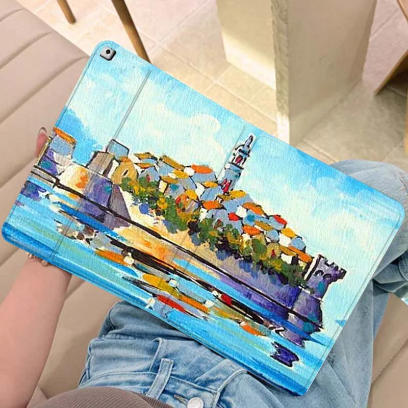 

Coastal City Painting Art For iPad Pro Air Mini 2 3 4 5 6 7 6th 7th 10th 11th 10.2 9.7 10.5 11 Foldable Tablet Case Gift
