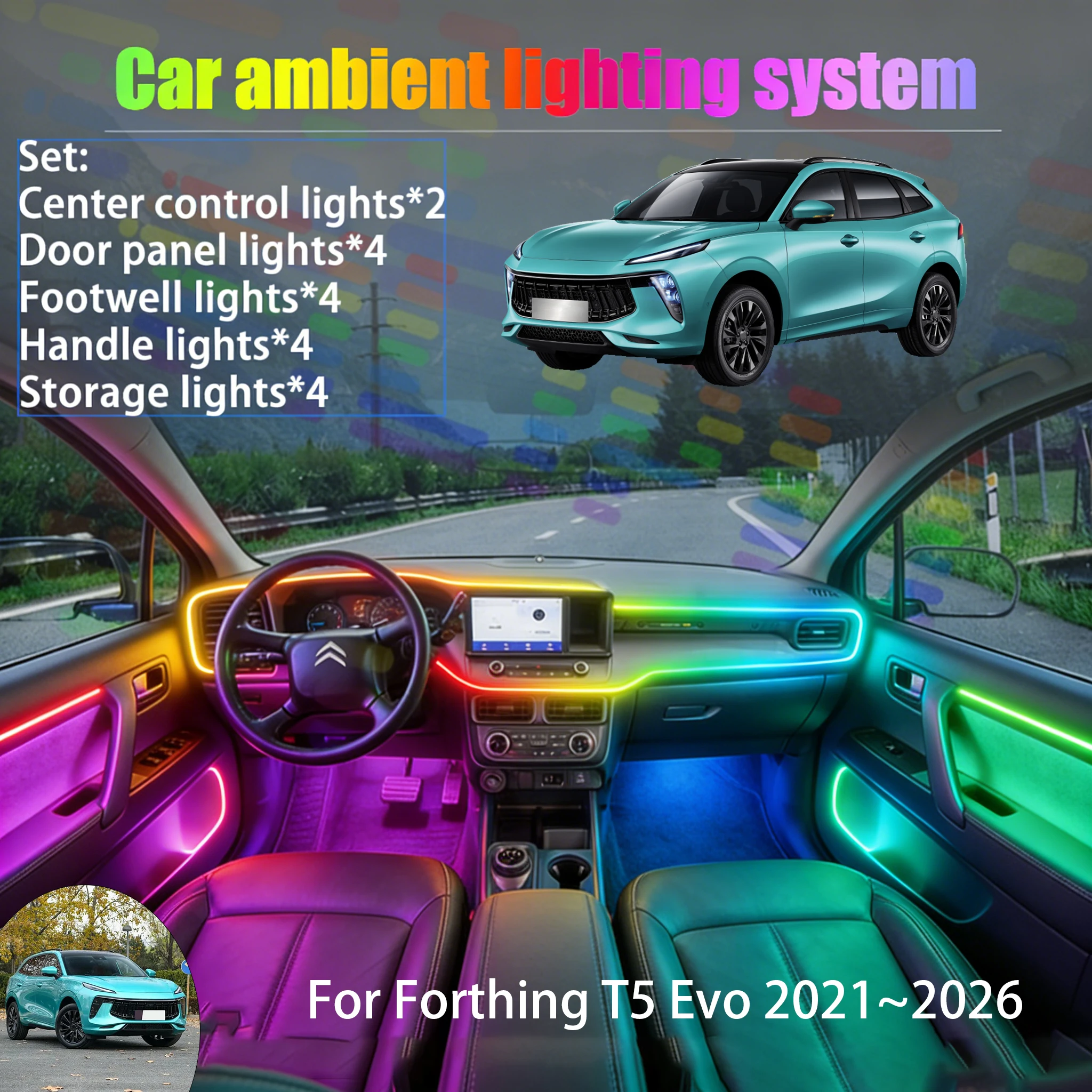 

For Forthing T5 Evo 2021~2026 2/18 in 1 Car ambient lighting Led trunk interior led lights USB RGB Ensemble Streamer Auto Parts