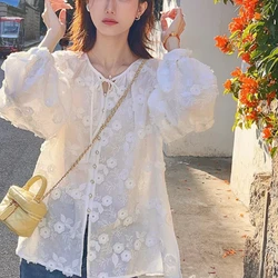 Spring Autumn Fashion Pure Cotton Long Sleeve Shirts Women's Clothing Embroidery Lacing Thin Style Chaopai Lace Loose Blouses