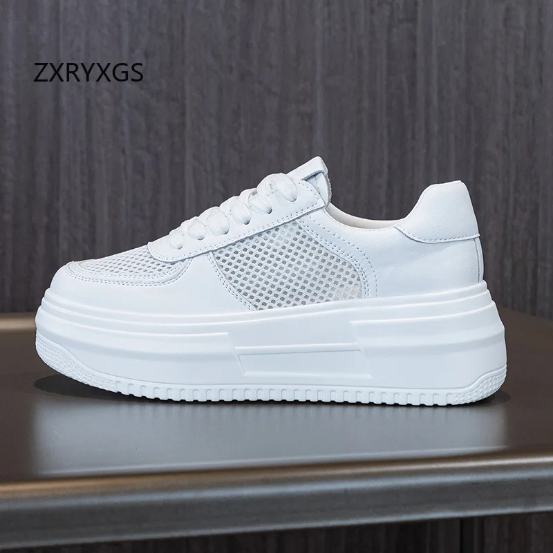 ZXRYXGS Genuine Leather Single Shoes White Sneakers Leisure Shoes 2024 Cowhide Mesh Summer Sneakers Sandals Platform Elevated