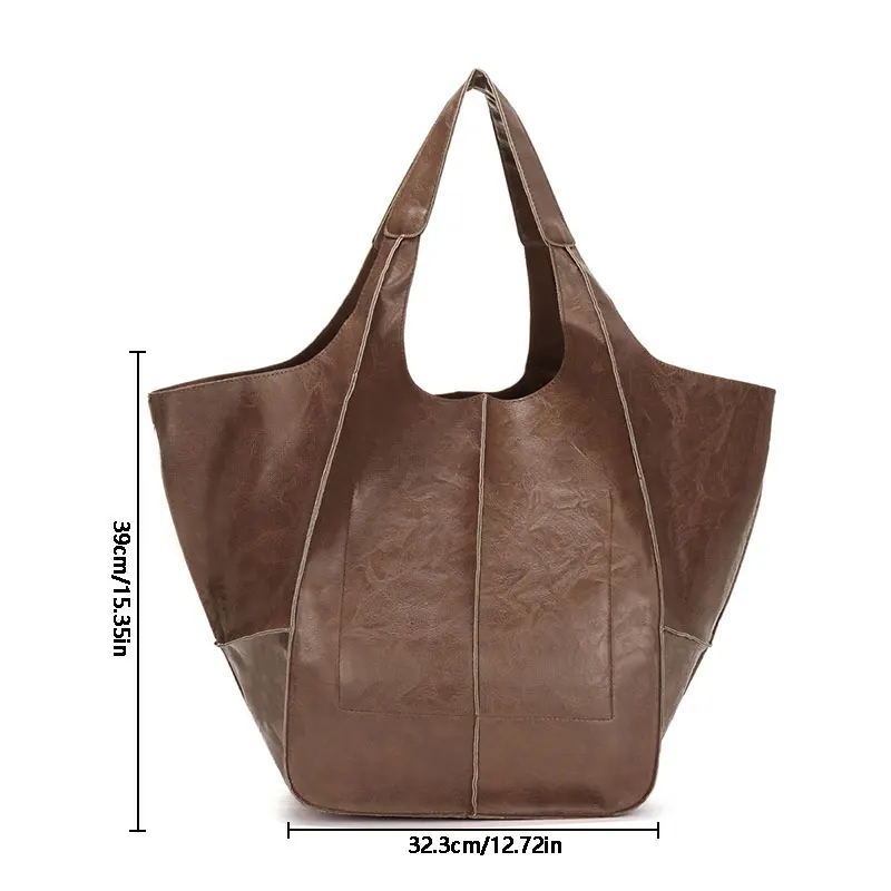 Fashion And Versatile Leather Bag PU Bag Soft Leather Casual Retro Simple Large Bag Large Capacity One Shoulder Hand Tote Bag