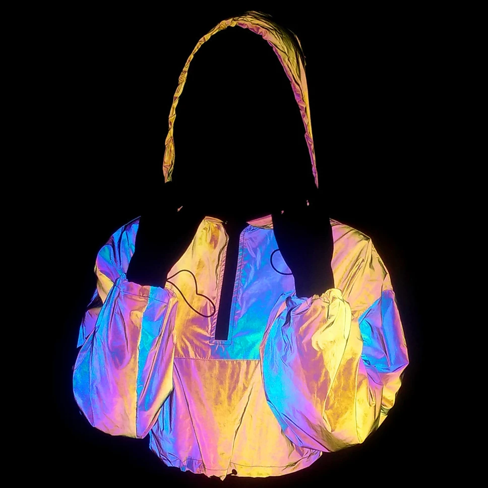 Colorful Reflective Short Jackets Women Jogging Riding Night Light Road Safety Crop Top Pullover Harajuku Hoodies Sweatshirt