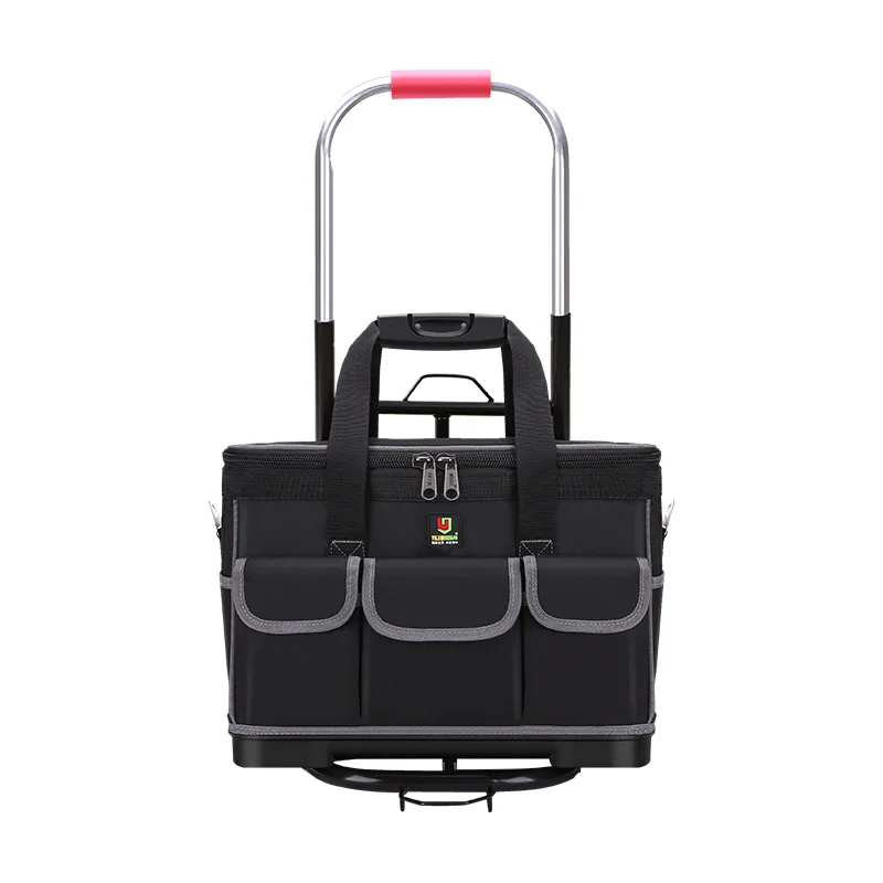 Heavy Duty Tool Bag with Telescopic Handle Plastic Base Electrician Woodworking Tool Carrier Pouch