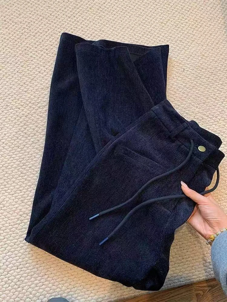 Navy Corduroy Casual Pants for Women Fall Plush Thick Streetwear Lace Up Wide Leg Pants High Waist All Match Straight Trousers