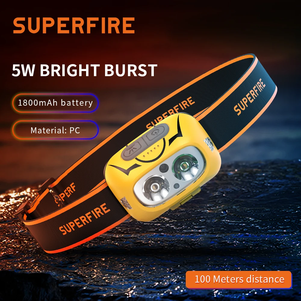 

SuperFire HL05-S LED Headlamp Induction Strong Light Charging White And Yellow Dual Light Head-Mounted Night Fishing