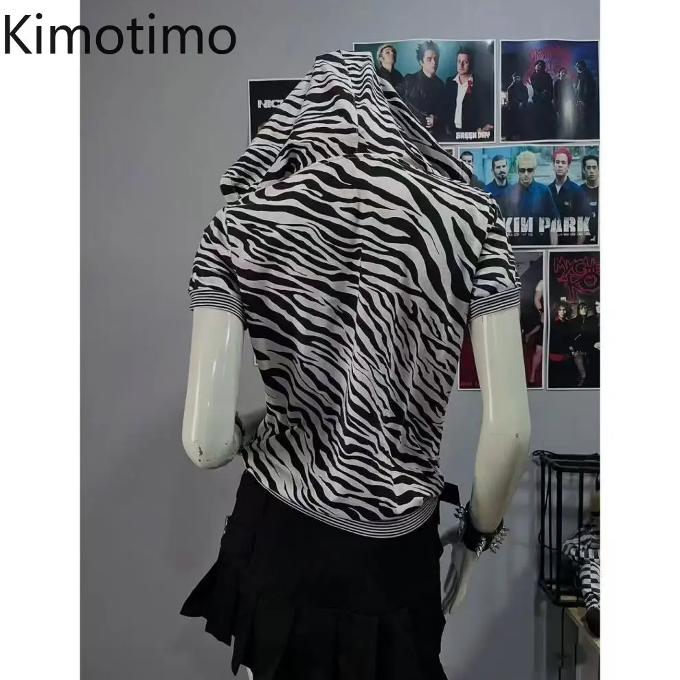 Kimotimo Punk Zebra Print Short Sleeve Hoodie Women Y2k Aesthetic Slim Waist Zipper Cardigan Coats Vintage Gothic Sweatshirt Ins