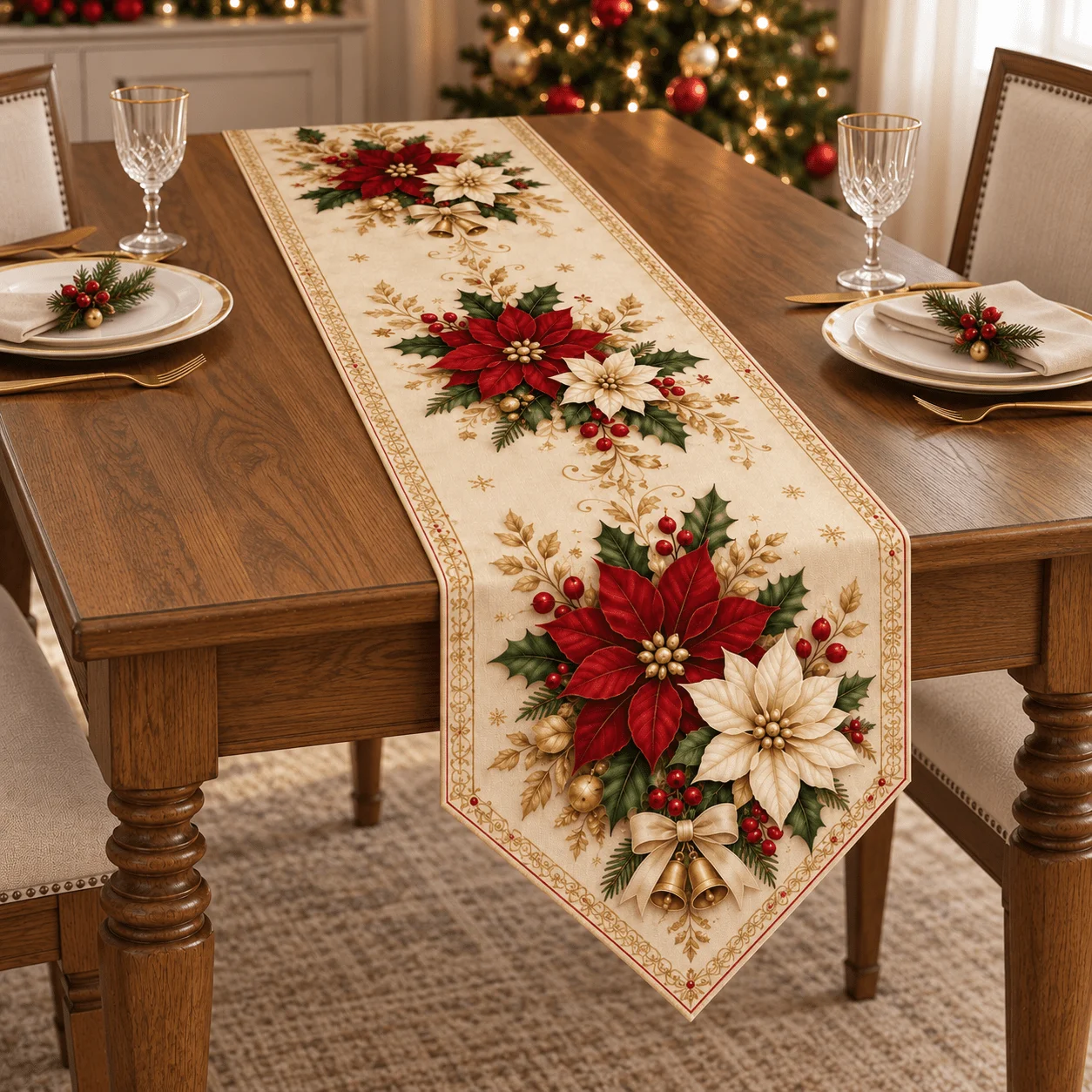 1 table flag, linen Christmas printed table flag, cream red gold color scheme, a shop has a sense of festival ceremony!