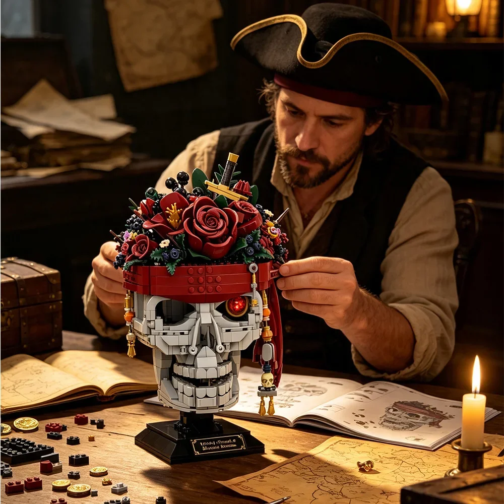 Pirate Skull Flower Bouquet Building Block MOC Pirate Skull Flower Potted Plant Decoration Bricks Model Assemble Toys Adult Gift