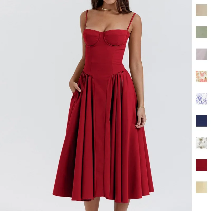 

Sexy Women Solid Pleated Sling Dress Chic Sleeveless Backless Loose Hem A Line Dresses Elegant Lady Party Gown High Street Robes