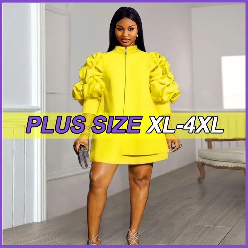 

Plus Size Dresses For Women Elegant Loose Purff Zipper Up Long Sleeve Party Mini Dress Spring/Autumn Solid Color Formal Wear