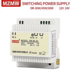 MZMW DR-30 Industrial DIN Rail Switching Power Supply DR-45 DR-60 30W 45W 60W 12V 24V AC/DC Single Output LED Lighting Power