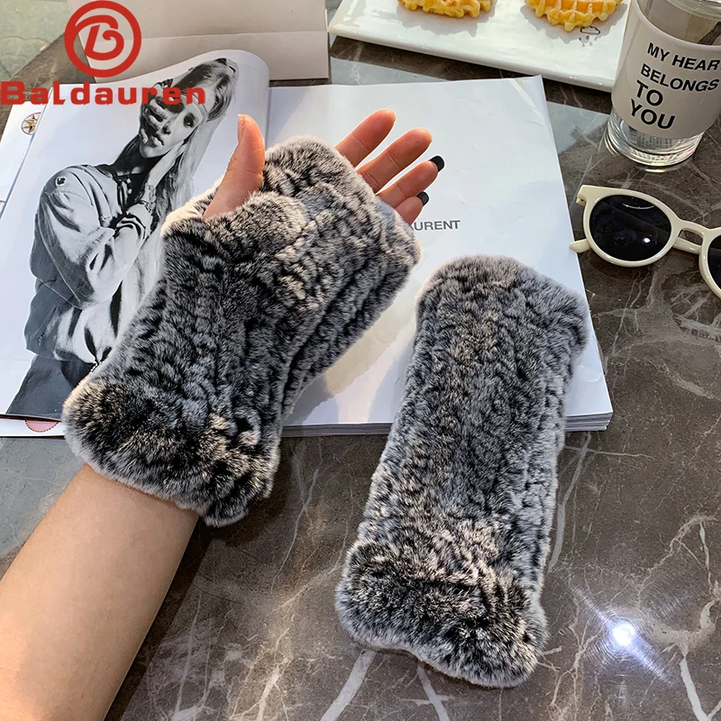 2024 Fashion Real Rex Rabbit Fur Women\'s Winter Gloves Genuine Fur Mittens Girl Fingerless Gloves Wrist Warmer Elastic Fluffy