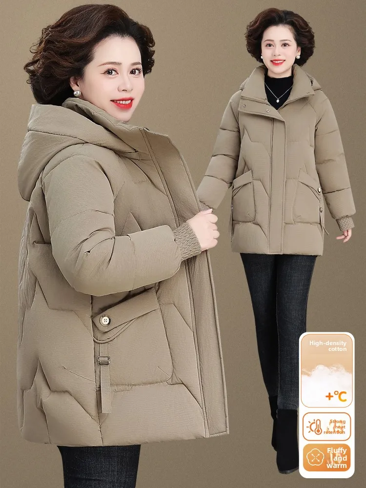 

Thiened down Cotton Jaet Women's Mid-Length Winter Coat Faionable Warm Windproof Casual Sle for Middle-Aged And ly
