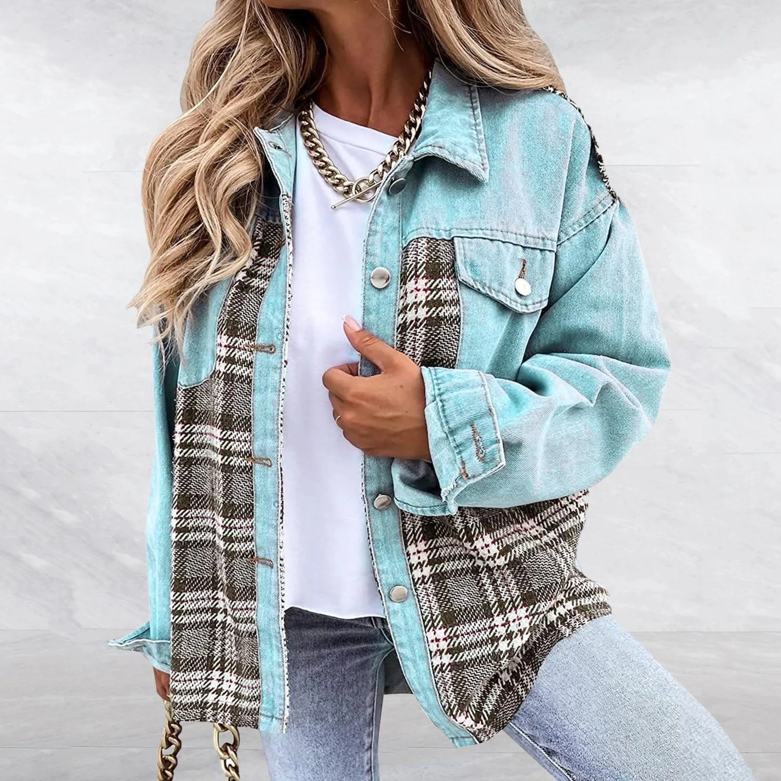 Autumn Winter Loose Single Breasted Turn Down Collar Long Sleeve Jacket Vintage Checked Spliced Coats Denim Jacket for Women