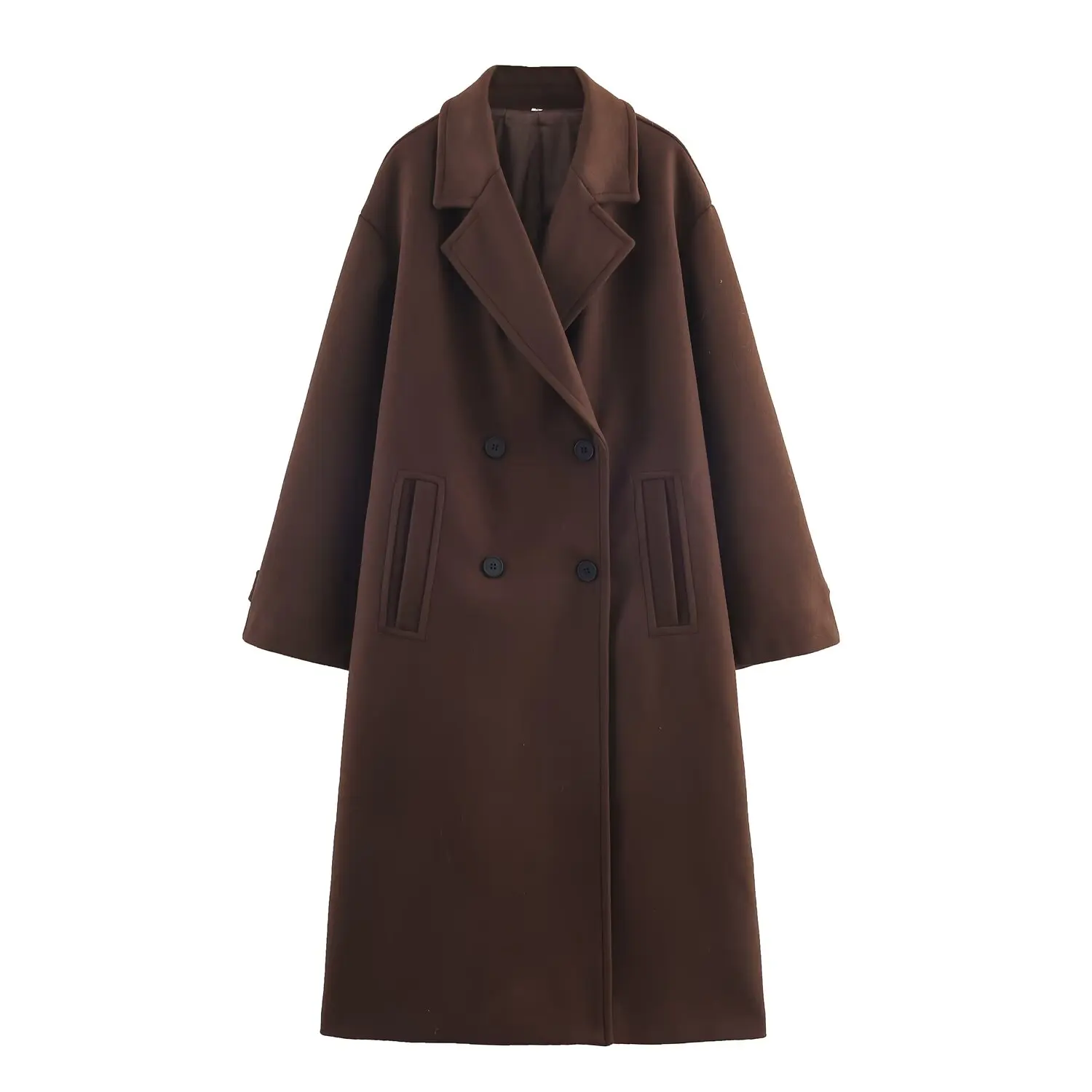 KONDALA Lässige schokoladenbraune Damenmäntel, lange Ärmel, Knöpfe, Taschen, lange Jacke, modisch, 2025, Herbst und Winter, dick, warm, Oberbekleidung