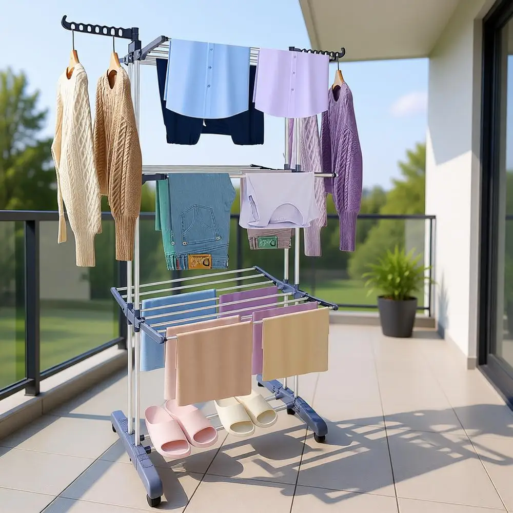 

Clothes Drying Rack, Oversize 4 Tier (70 High), Stainless Steel Laundry Drying Rack with Collapse Base & 24 Poles, Gray