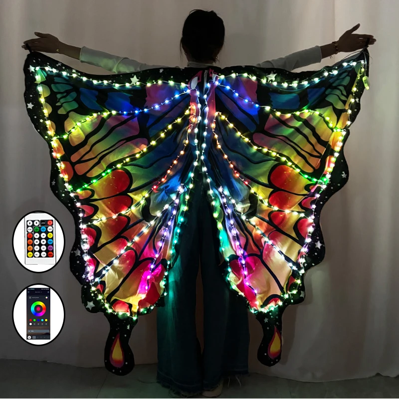 Control por aplicación RGB LED alas de mariposa danza del vientre puesta en escena disfraz accesorios de baile alas LED traje brillante para chico adulto