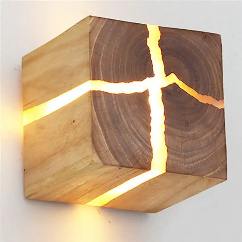 LED Decorative Cracked Wood Wall Light Square Solid Wood Wall Bedlight Corridor Balcony Lighting