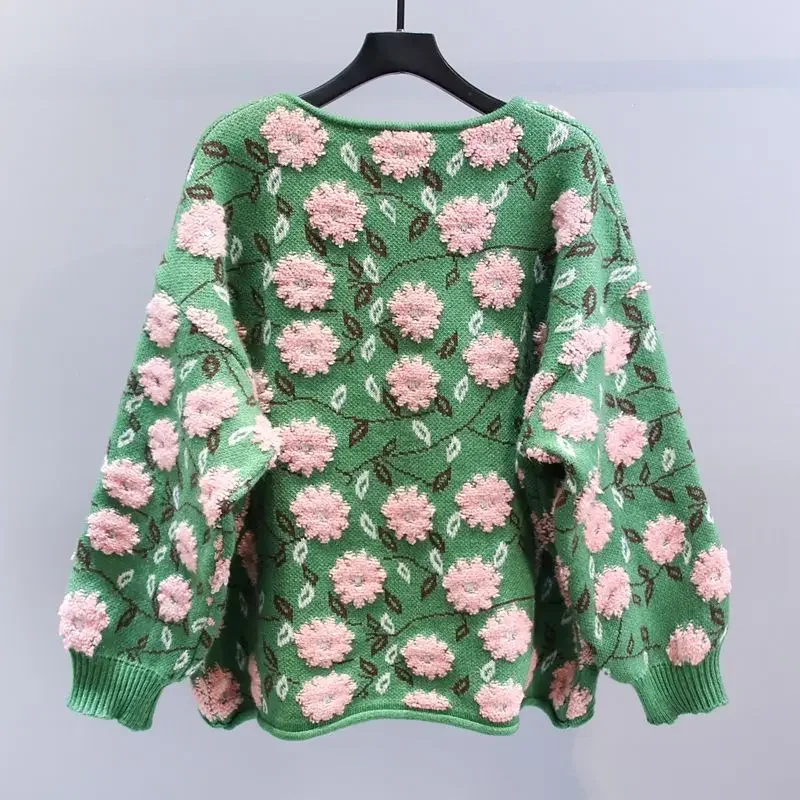 Cardigan Vintage francese manica lunga fiore Jacquard monopetto allentato top in maglia maglioni autunno inverno cappotti abbigliamento donna