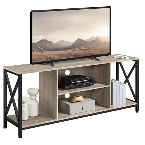 TV Stand Fits 65 Inch, Living Room X-Frame Console Table, Gray | Entertainment Center with Open Storage Shelves, Slim