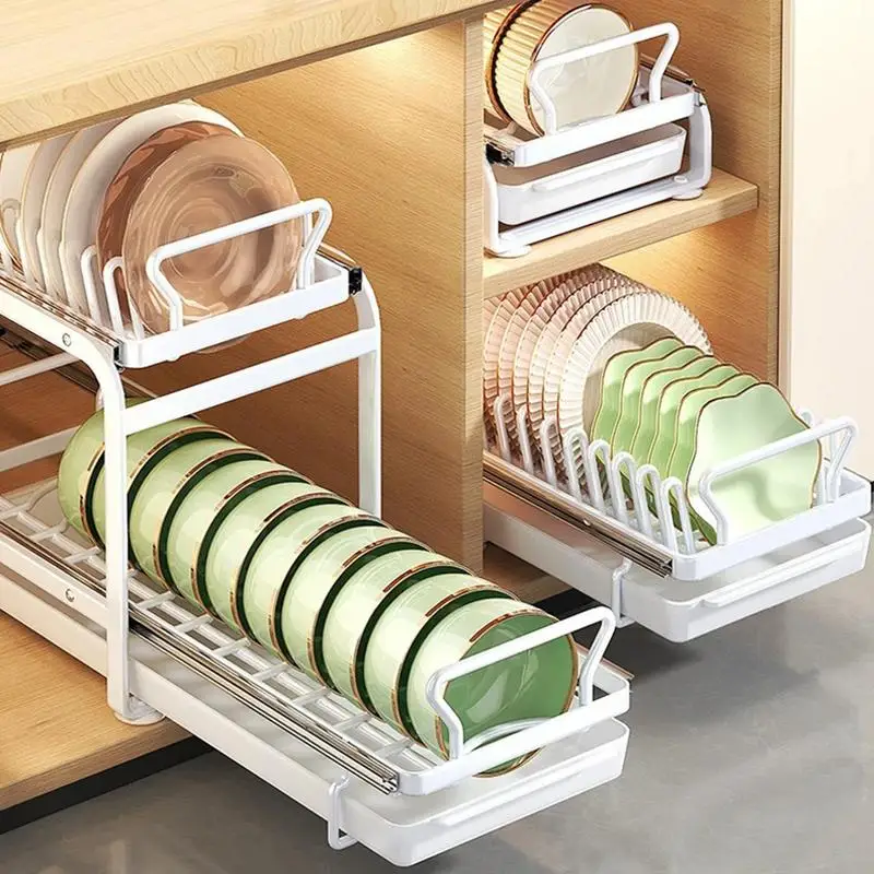 

Sliding Dish Rack Kitchenware Storage Shelf kitchen Dish Drying Rack Cabinets Organizer with Chopstick Barrel Storage Basket