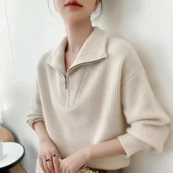 Women’s Oversized Sweater Long Sleeve Half Zip Pullover Sweaters Solid V Neck Collar Ribbed Knitted Loose Slouchy Jumper Tops