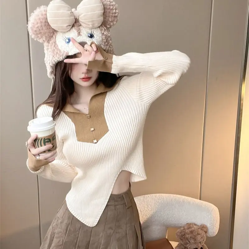 Women Clothing Spring Autumn Fashion Korean Simplicity All-match Button Color Blocking Turn-down Collar Knitting Long Sleeve Top
