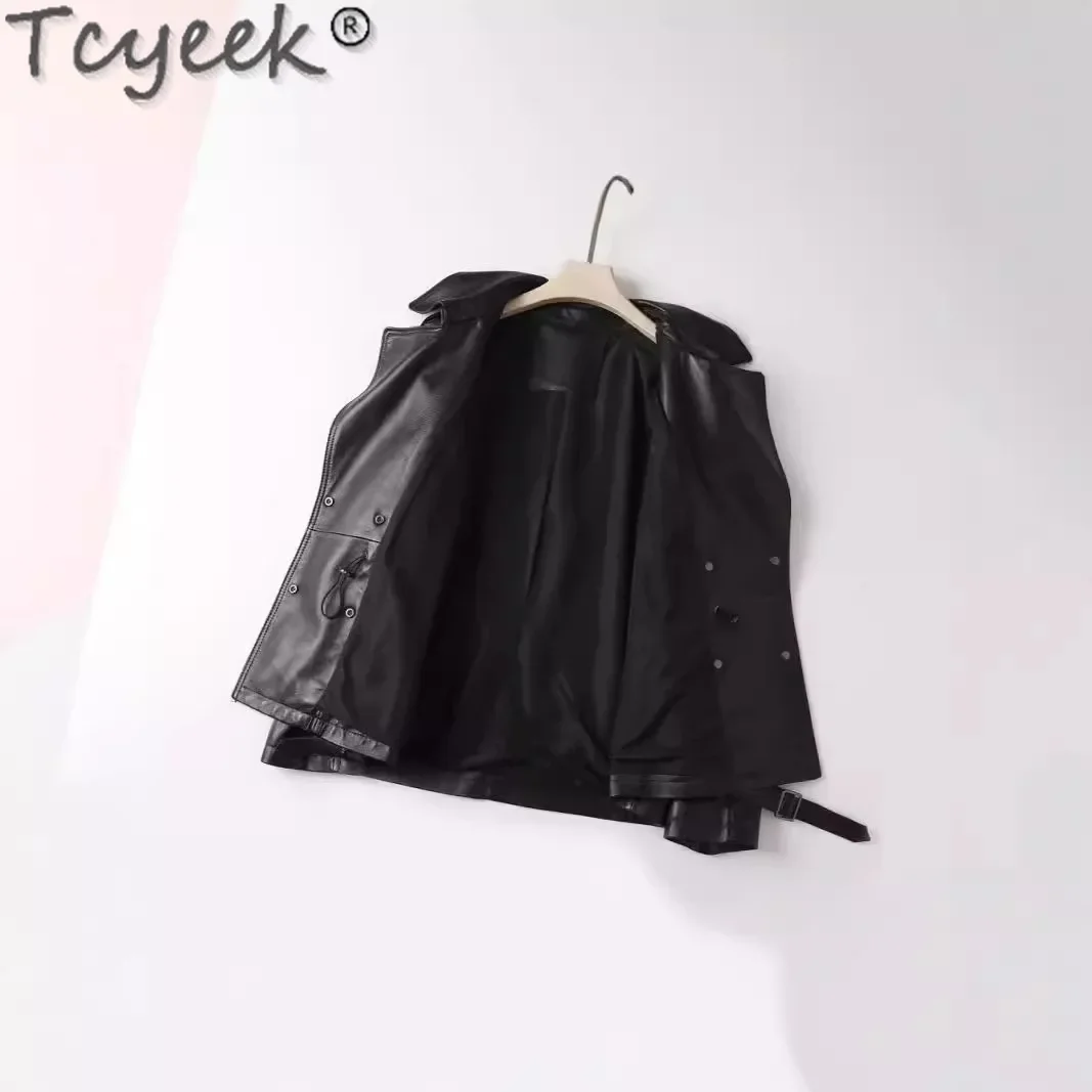 Tcyeek-Chaqueta de piel auténtica para mujer, abrigo de piel de oveja a la moda, ropa holgada para primavera y otoño, bronceado semitraje vegetal 2024