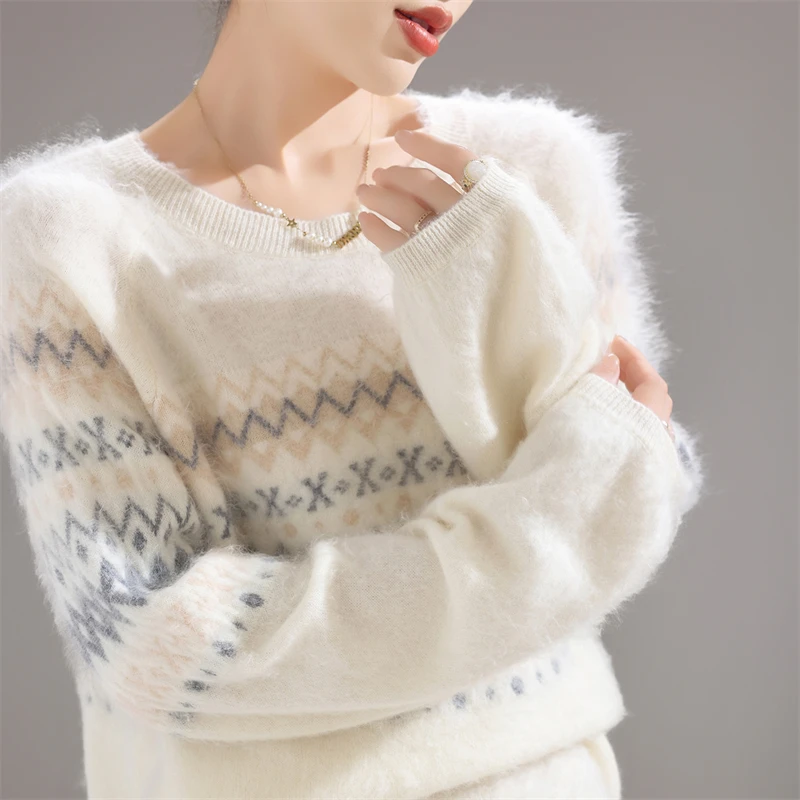 

Women's Retro 100% Wool Loose Knitted Sweater O-neck Lazy Style Base Outerwear Autumn Winter Fashion Casual Comfortable Pullover