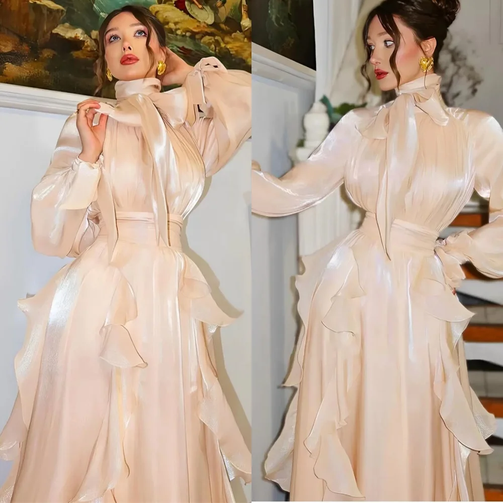 

Customized Classic Champagne Satin Evening Dress Delicate High Neckline Long Sleeves Zipper Back Tiered Special Occasion Gowns