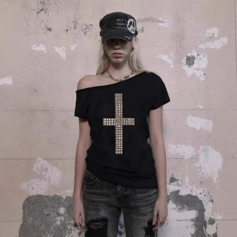 

American Retro Hot Girl Cross Rhinestone Asymmetrical Neck Short Sleeve T-Shirt Women Harajuku Gothic Top Short Slim Fit Top