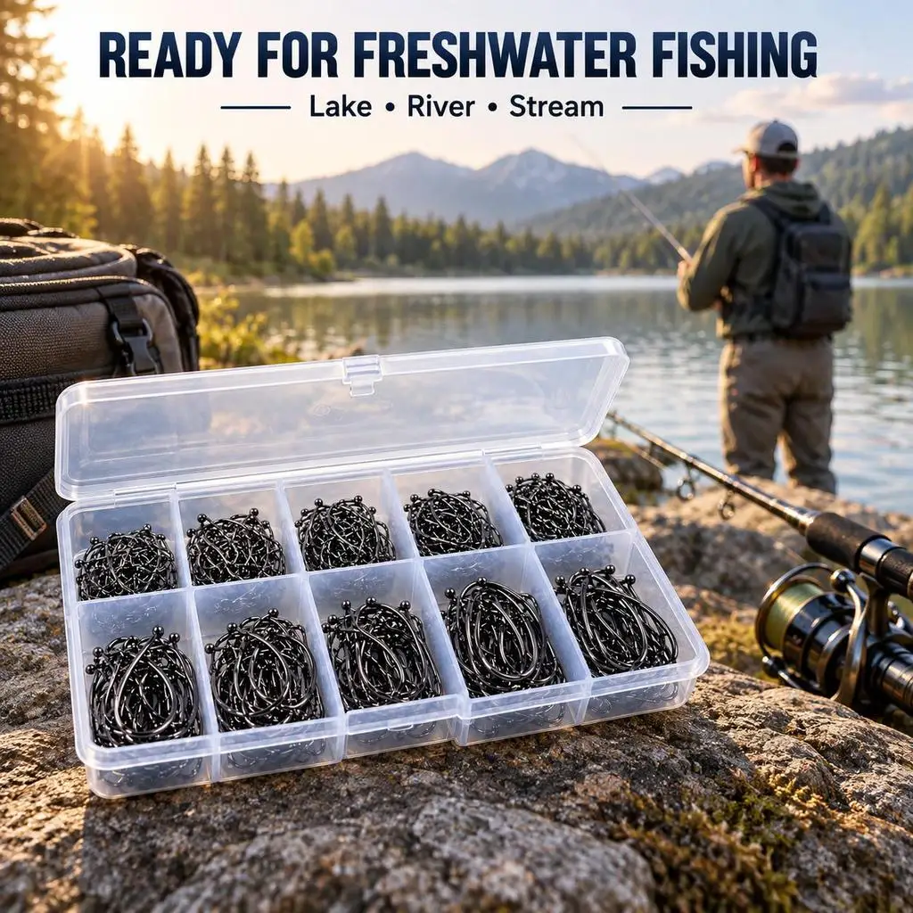 200-Piece Fishing Hook Set, 10 Sizes of Barbed Hooks, High Carbon Steel with Storage Box for Freshwater and Saltwater Fishing