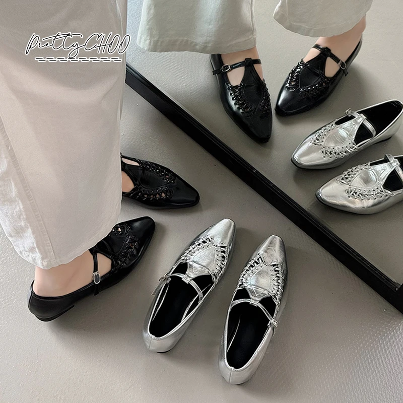 

Luxury Brand Design Braided Mary Janes Woman Elegant Black Silver Point Toe Weaved Flat Shoes Ladies Retro T-Strap Buckle Loafer