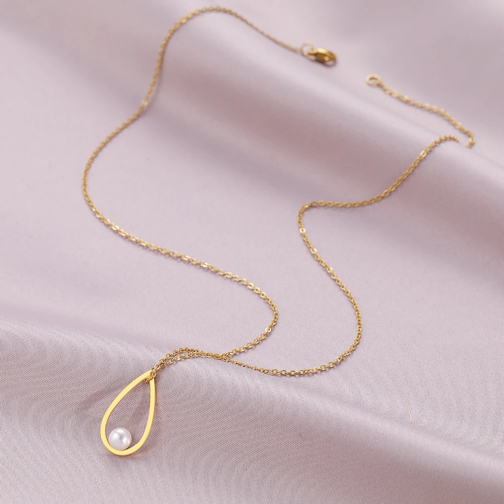 Stainless Steel Necklaces Simple Water Drop Imitation Pearl Pendants Chain Choker Fashion Necklace For Women Jewelry Party Gifts