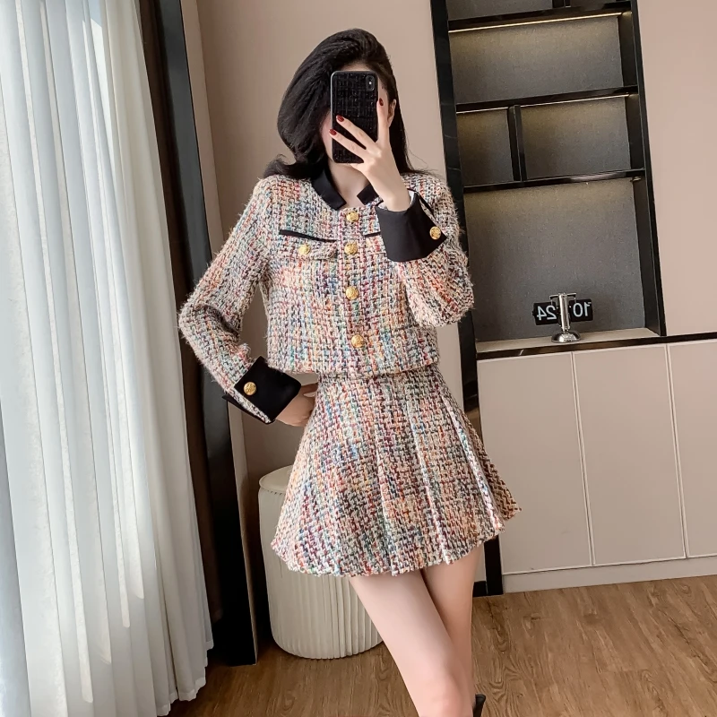 2025 Autumn Winter New Fashionable Flower Yarn Fragrant Style Set Tweed Jacket and Pleated Skirt Two-piece Set