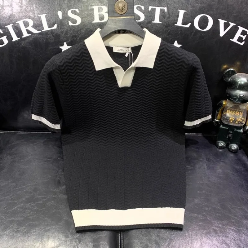 Contrasting Color Lapel Ice Silk Short-sleeved T-shirt Men's Trend Personalized Versatile Casual Bottoming Knitted Sweater