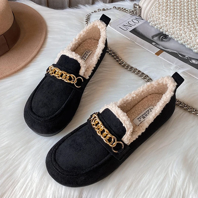عادية امبسوول المتسكعون النساء الشقق سلاسل أحذية الشتاء فروي أحذية السيدات مبطن القطن Mocasines الدافئة الانزلاق على الأغنام فراء الأحذية #1