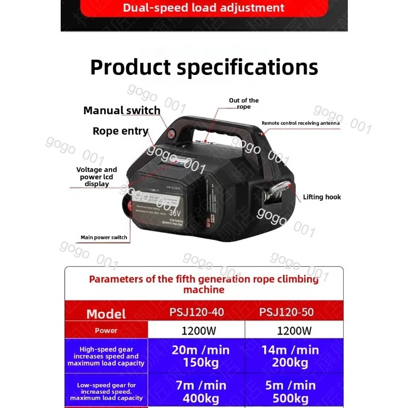 Portable Rope Climbing Winch with Remote Control, Rechargeable Lithium Battery Electric Hoist for AC Installation Maintenance