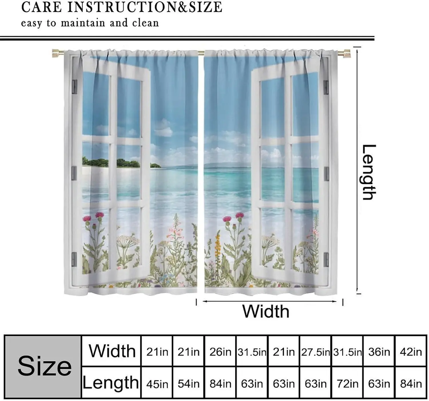 Polyester Tropical Coastal Beach Curtains Floral Meadow Window Drapes Ocean View Panels Waterproof Curtains for Bedroom Living R